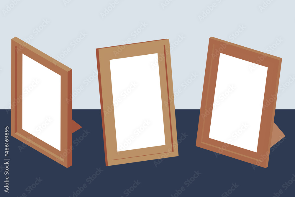 Poster wooden frame set. collection of isometric wooden frames. 3d rendering. frames on blue surface mockup