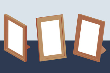 Wooden frame set. Collection of isometric wooden frames. 3D rendering. Frames on blue surface mockup. White blank space for your images and text, copy space mock up.