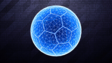 3D mesh of a soccer ball isolated on dark hi-tech background in binary cyberspace. 3D illustration.