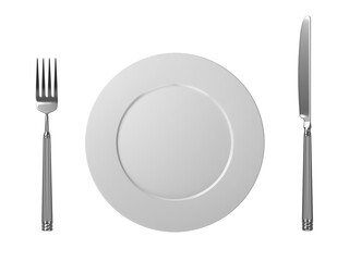 Empty plate, fork and knife isolated on white background. 3D Illustration.