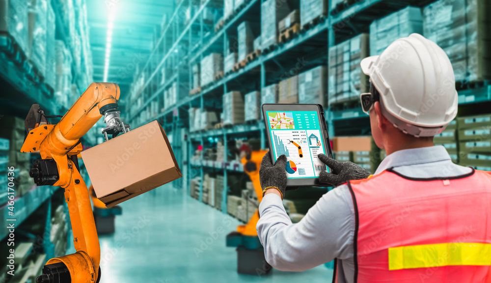 Poster smart robot arm systems for innovative warehouse and factory digital technology . automation manufac