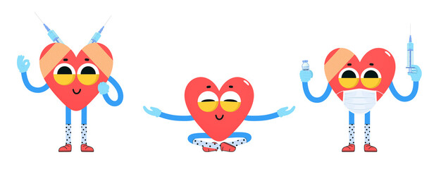 Funny cute cartoon characters in protective mask with  syringe and bottle of vaccine in hand. Vaccination concept of immunization against viral infection, coronavirus.