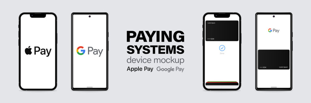 Apple pay and Google pay illustration. IPhone and Google Pixel device mockup. Paying system editorial purchase, illustrative payment. Zdolbuniv, Ukraine - October 30, 2021
