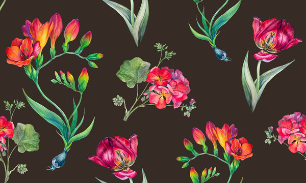 Seamless floral pattern. Watercolor botanical illustration. Orange flowers. Spring Print