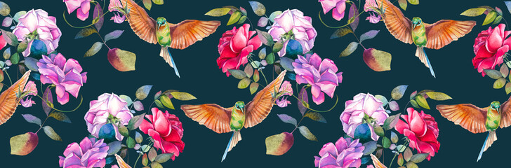 The pattern is seamless. Flowers and birds. Blooming red and pink roses. Flying bird. Watercolor Botanical illustration. Print for fabric. Pattern for design. Element.