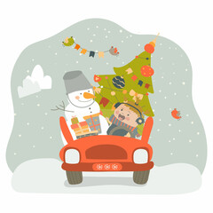 A little girl and a snowman go by car to celebrate Christmas. Friends are carrying a Christmas tree and presents. Vector illustration on white background in cartoon style. Hand drawing. For print.