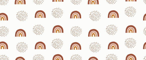 Cute Neutral Boho Rainbows. Seamless Vector Pattern. Simple Hand Drawn Rainbow Sky Print. Funny Scandinavian Style Repeatable Design ideal for Fabric, Textile, Wrapping Paper.