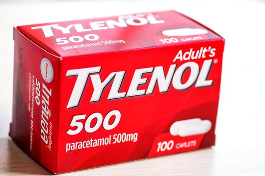 Bangkok, Thailand - October 24, 2021 : Box of Tylenol paracetamol 500 mg 100 caplets for adult caplets.