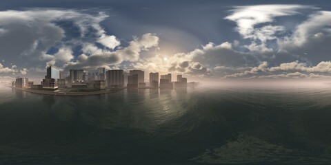 Naklejka premium Sunrise over the city,, HDRI, environment map , Round panorama, spherical panorama, equidistant projection, panorama 360, 3d rendering