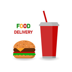 Quick breakfast or lunch. Fast food, cola, cheeseburger delivery. Colorful flat vector illustration.