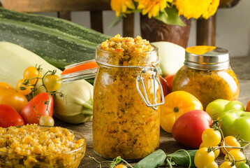 Zucchini caviar in a glass jar, homemade preparations