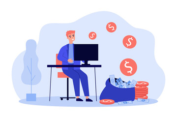 Happy businessman making money online, working at computer. Currency falling into bag of freelancer flat vector illustration. Freelance, income concept for banner, website design or landing web page