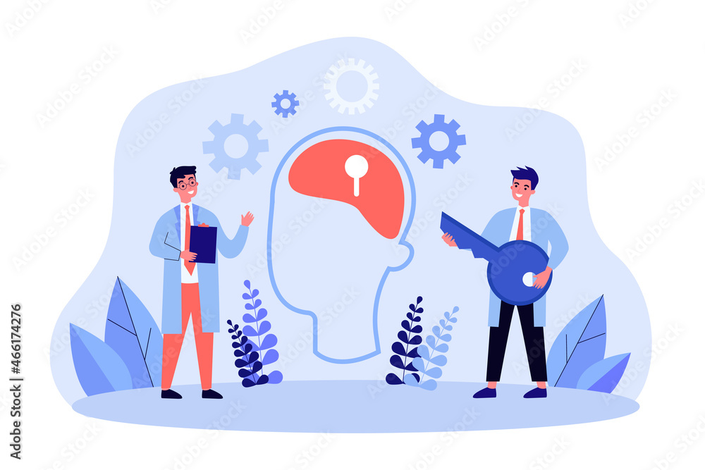 Poster doctors with key seeking access to brain of patient. tiny people standing near abstract head flat ve