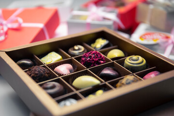 Chocolate candies in a box, set of chocolates