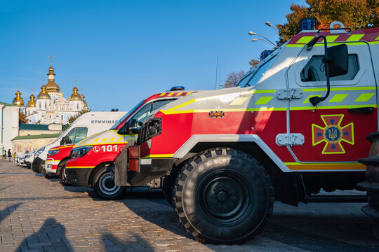 Rescue service cars of Ukraine. Exhibition of technology in Kiev. Rescue equipment. Ukraine. Kiev. October 15, 2021.