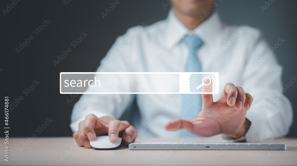 Poster businessman clicking internet search page on a computer touch screen or blank search bar, internet a