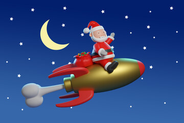 Cartoon Santa Claus with bag of gifts flying in a spaceship. Christmas concept. 3d illustration.