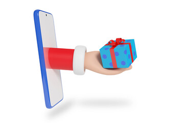 Santa's hand coming out of the screen of a mobile phone with a gift. Christmas concept. 3d illustration.