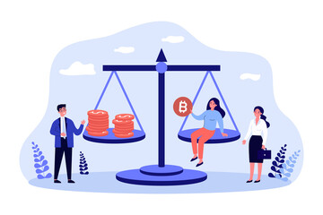 Business people with balance scales, bitcoin vs dollar. Person trading or buying crypto currency flat vector illustration. Stock crypto market concept for banner, website design or landing web page