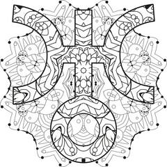 Vector handdrawn illustation of Uranus sign with mandala for coloring.