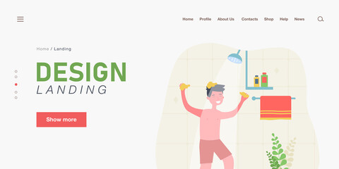 Happy boy in shorts washing hair in shower. Kid with soapy hands using shampoo in bathroom flat vector illustration. Hygiene, lifestyle concept for banner, website design or landing web page