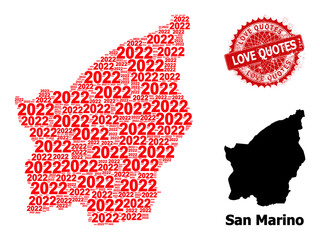 Grunge Love Quotes stamp seal, and San Marino map collage of 2022 year digits icons. Red round seal contains Love Quotes tag inside it. San Marino map collage is made of 2022 year digits elements.