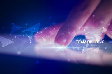 Finger touching tablet with business connection concept