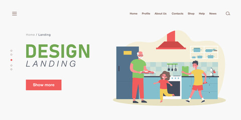 Grandpa cooking with his grandchildren in kitchen. Flat vector illustration. Elderly man holding tray of cookies, girl and boy helping. Family, home, food, vacation, memories, grandparent concept