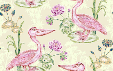 Pattern with pink pelican birds and lotus flowers