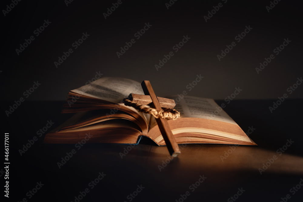 Wall mural Spirituality, Religion and Hope Concept. Holy Bible and Cross on Desk. Symbol of Humility, Supplication,Believe and Faith for Christian People