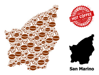 Distress Hot Coffee badge, and San Marino map mosaic of coffee aroma icons. Red round badge includes Hot Coffee title inside it. San Marino map mosaic is made from coffee aroma elements.