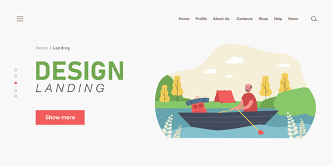 Elderly man going on hike flat vector illustration. Grandfather floating on river, sitting in boat, tent on shore. Camping, old age, retirement, travel, vacation, tourism concept for banner design