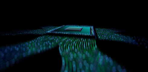 CPU, 3d illustration. Abstract microchip with circuits on dark background, web banner. Big data...
