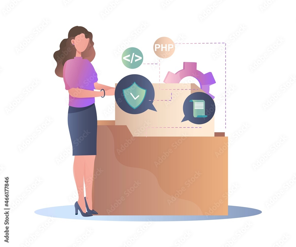 Poster application service abstract. girl parses purchase with different programs and services. saas techno