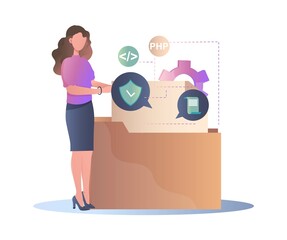 Application service abstract. Girl parses purchase with different programs and services. SaaS Technology, character unpacks box. Cloud computer segment metaphor. Cartoon flat vector illustration