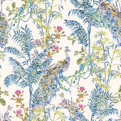 Seamless tropical floral pattern with peacocks and palm trees