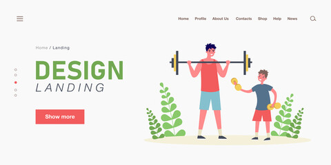 Father and son lifting weights together. Adult with barbell, little boy with dumbbells flat vector illustration. Family fitness, healthy lifestyle concept for banner, website design or landing page