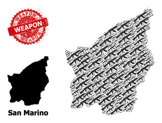Scratched Weapon seal, and San Marino map collage of kalashnikov gun icons. Red round stamp seal contains Weapon tag inside it. San Marino map collage is designed of kalashnikov gun items.