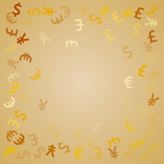 Obraz premium Euro dollar pound yen golden icons flying currency vector design. Success backdrop. Currency tokens