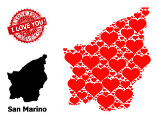 Scratched I Love You stamp seal, and San Marino map collage of love heart icons. Red round stamp seal includes I Love You title inside it. San Marino map collage is designed from love heart elements.