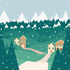 Fototapeta na wymiar Illustration about the winter season in the green mountains and meadows with dark green pines, with a beige path that leads to the houses of a village in the middle of the snowing mountain and with a 