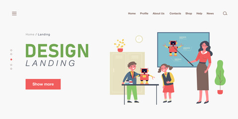 Children learning robotics in classroom. Flat vector illustration. Teacher pointing to blackboard, kids studying robot standing on school desk. Robotics, school, modern technology, science concept