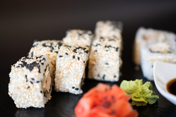 Sushi, sauce, ginger, Chinese sticks