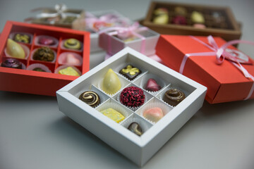 Chocolate candies in a box, set of chocolates