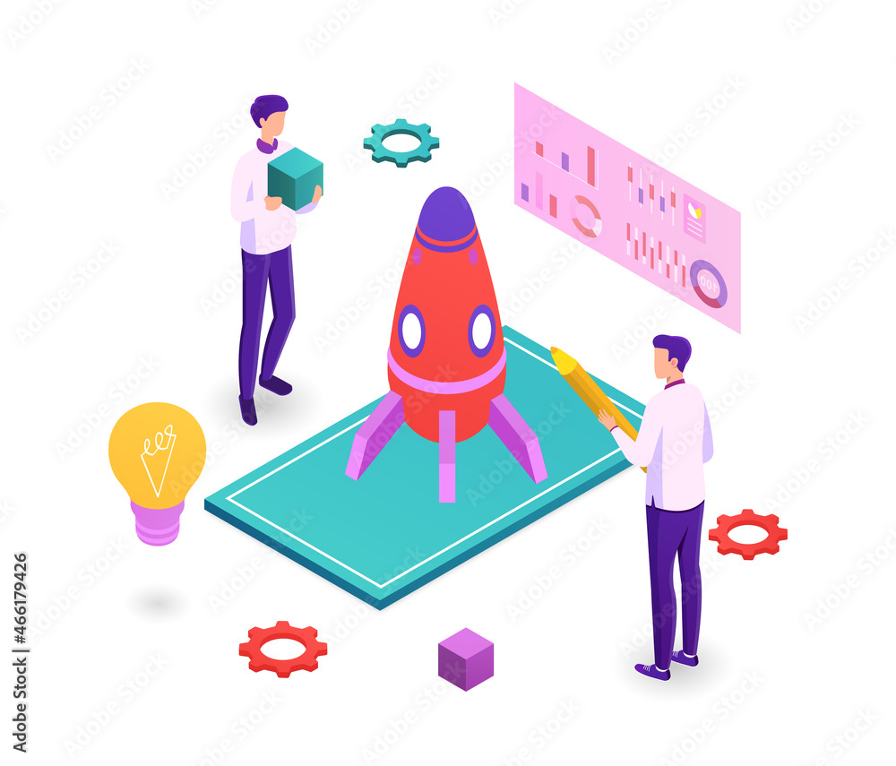 Poster startup project development. men analyze statistics and look for strategies for growth of company. t