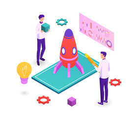 Startup project development. Men analyze statistics and look for strategies for growth of company. Team prepares rocket for launch. Metaphor for new business. Cartoon isometric vector illustration