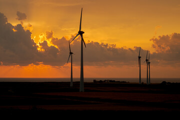 Silhouette of wind turbines in front of the sea at sunrise; Isola di Capo Rizzuto, Crotone,...
