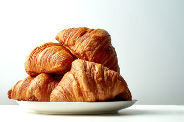 Close-up on freshly baked croissants in a plate on a gray background. Lots of croissons