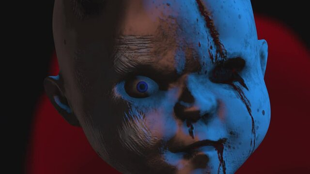 Creepy seamless animation of an horror devil doll head with color strobe lights. Halloween background of a terror character with blood splashes.
