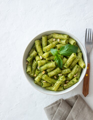 Pasta with pesto sauce. Italian cuisine. Healthy eating. Vegetarian food.